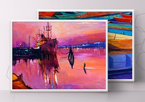 JPG素材：油画湖水插画装饰画小船高清JPG背景