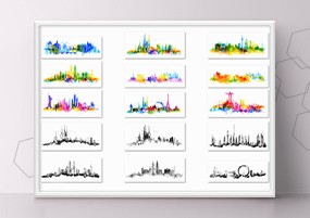 多格式矢量：城市建筑物地标剪影水彩画EPS/PNG矢量素材