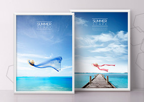 PSD模板：夏天海滩拖鞋帽子冲浪美女唯美海报设计素材