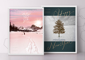 PSD模板：中式新年冬季雪山木屋风景卡片海报设计素材