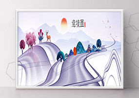 PSD模板：新中式山水画孔雀仙鹤麋鹿动物背景海报素材