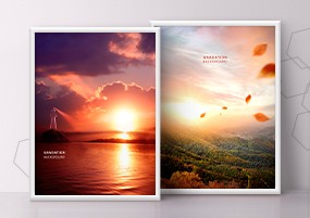PSD模板：自然风景青草树木天空夕阳海报PSD分层设计素材