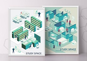 AI矢量：商务办公创意设计部门读书馆会客室插画海报矢量素材