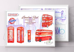 PNG素材：伦敦著名地标红色主题水彩双层巴士手绘插画素材