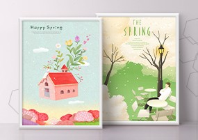 PSD模板：春天浪漫单车木屋情侣植物鲜花插画PSD海报