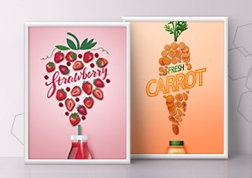 PSD模板：创意水果果汁瓶装饮料维生素饮品彩色背景海报