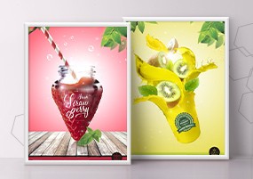 PSD模板：草莓西柚香橙创意水果果汁瓶装饮料PS海报模板
