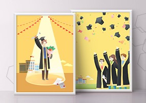 PSD模板：大学毕业典礼礼服礼帽毕业证书舞台庆祝插画素材