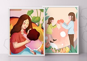PSD模板：母亲节温馨卡通手绘插画亲子背景海报素材